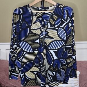 Alfani Geometric Leaf Print Blouse - Blue, Black, and Cream